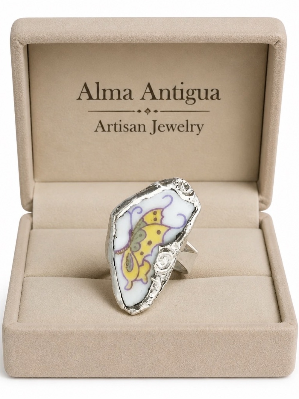 Whimsical Butterfly Broken China Ring - Vintage Spoon Bowl Band - Adjustable